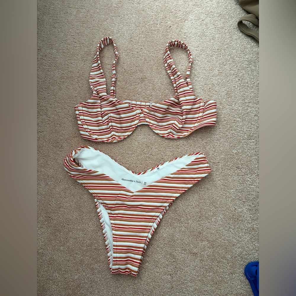 Abercrombie & Fitch Striped Bikini Set in White, Red, Tan